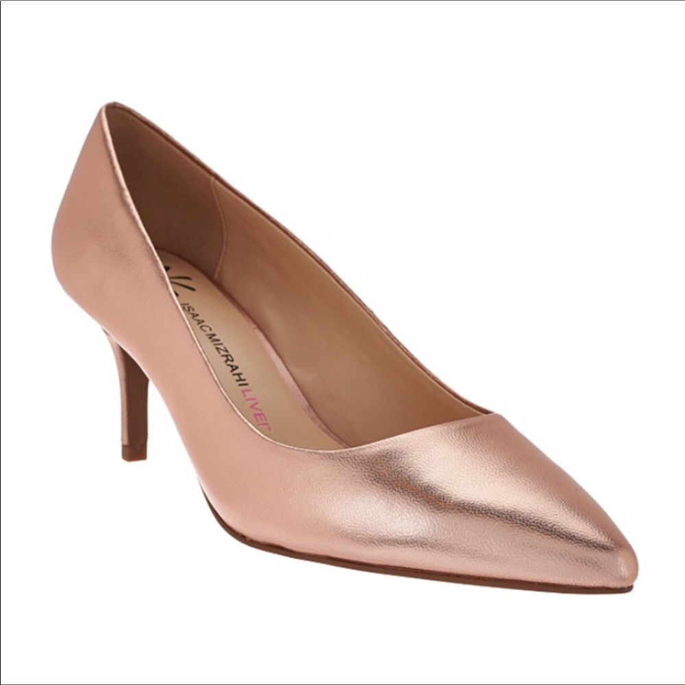 Issac rose gold metallic kitten heel pumps.